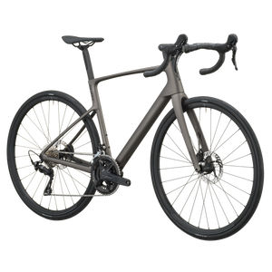 Tungsten grey Scott Addict 50 road bike, drive-side profile with Shimano 105 groupset and disc brakes.
