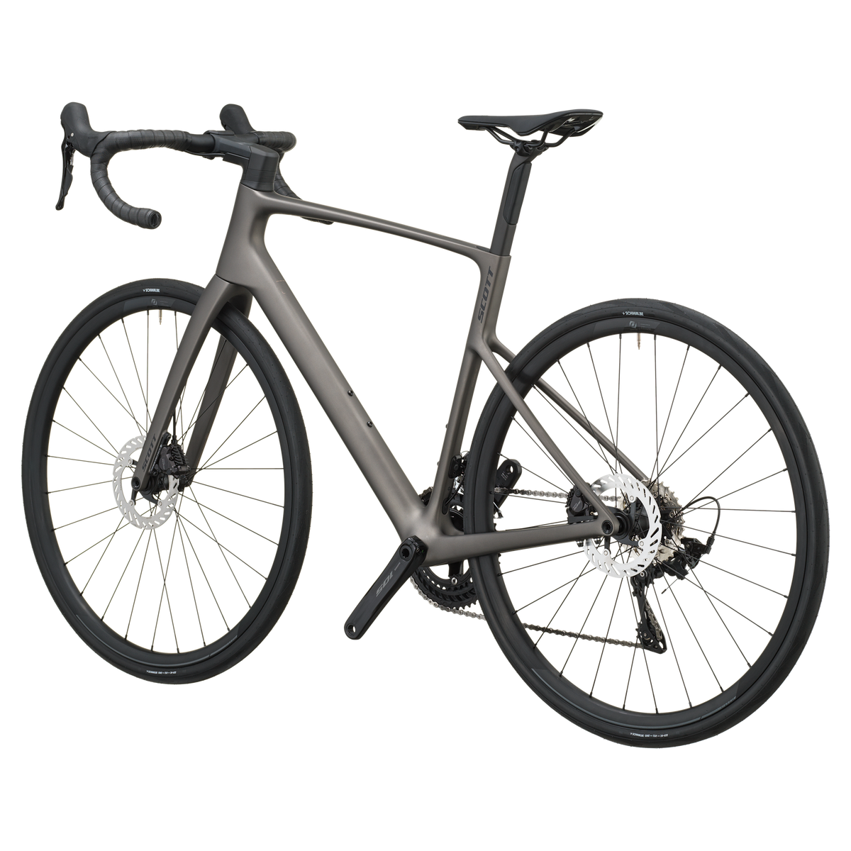 Tungsten grey Scott Addict 50 road bike from the non-drive side, showing the dropped seat stays and disc rotors.