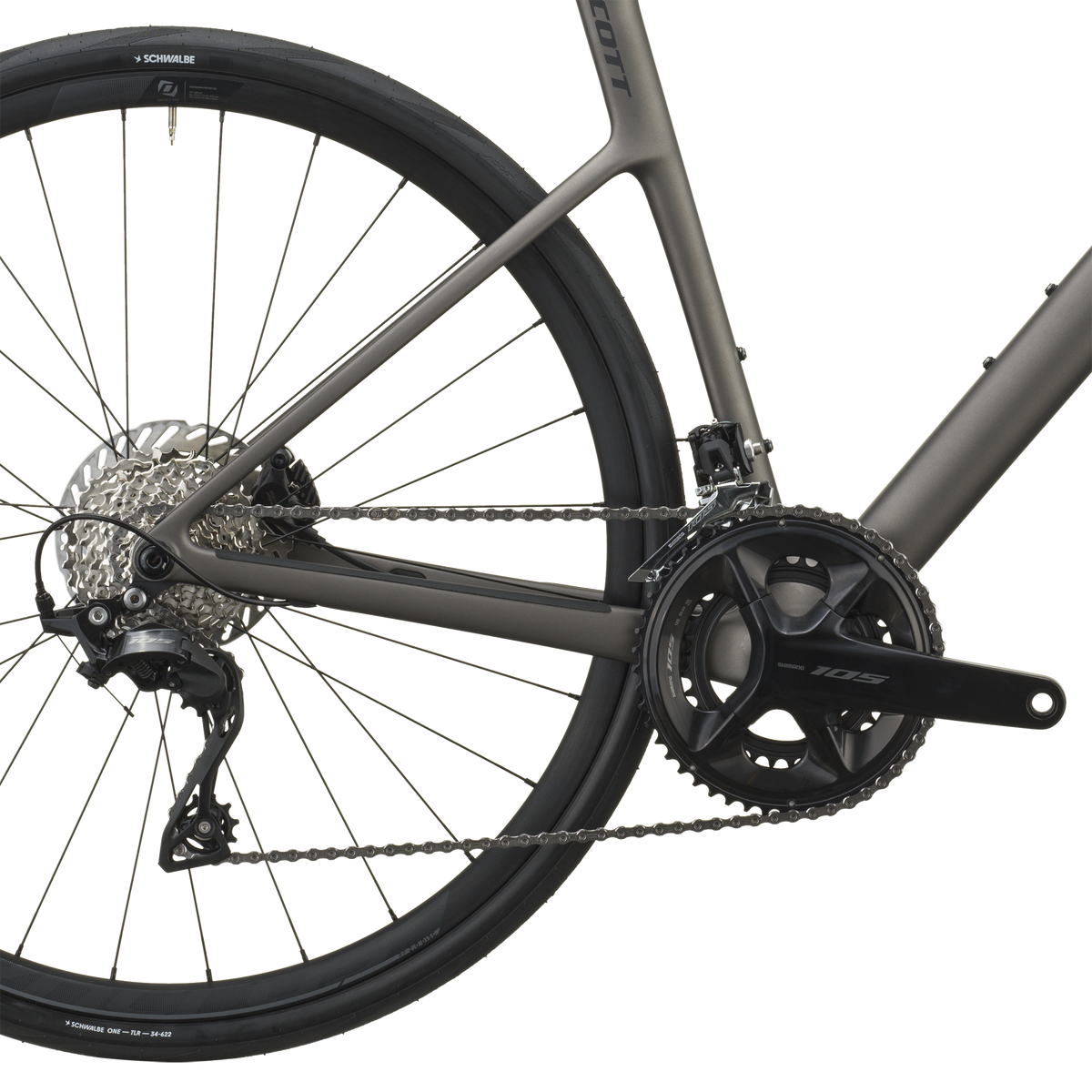 Shimano 105 rear derailleur and cassette on the tungsten grey Scott Addict 50, with Syncros RP2.0 wheel.