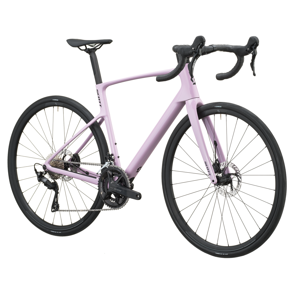 Mallow pink Scott Addict 50 road bike, drive-side profile with Shimano 105 groupset and disc brakes.