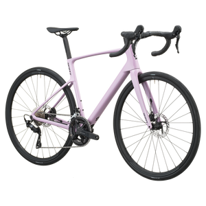 Mallow pink Scott Addict 50 road bike, drive-side profile with Shimano 105 groupset and disc brakes.