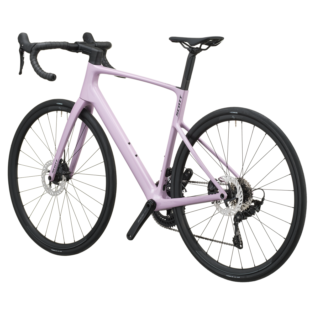 Mallow pink Scott Addict 50 road bike from the non-drive side, showing the dropped seat stays and disc rotors.