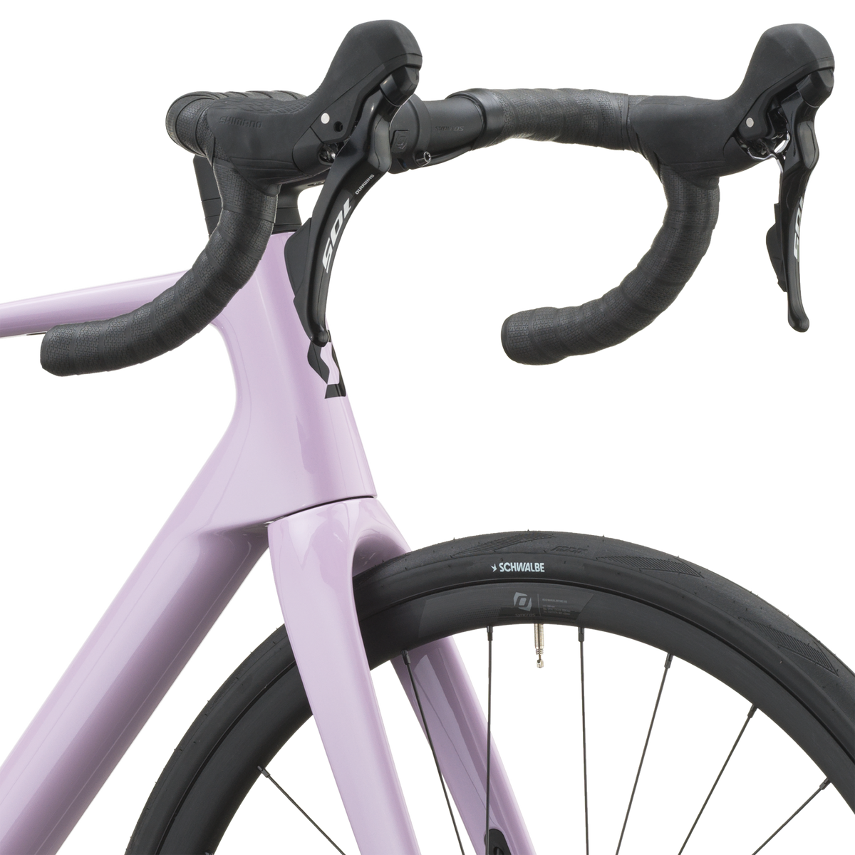 Cockpit of the mallow pink Scott Addict 50 with taped drop bars and Shimano 105 shifters.