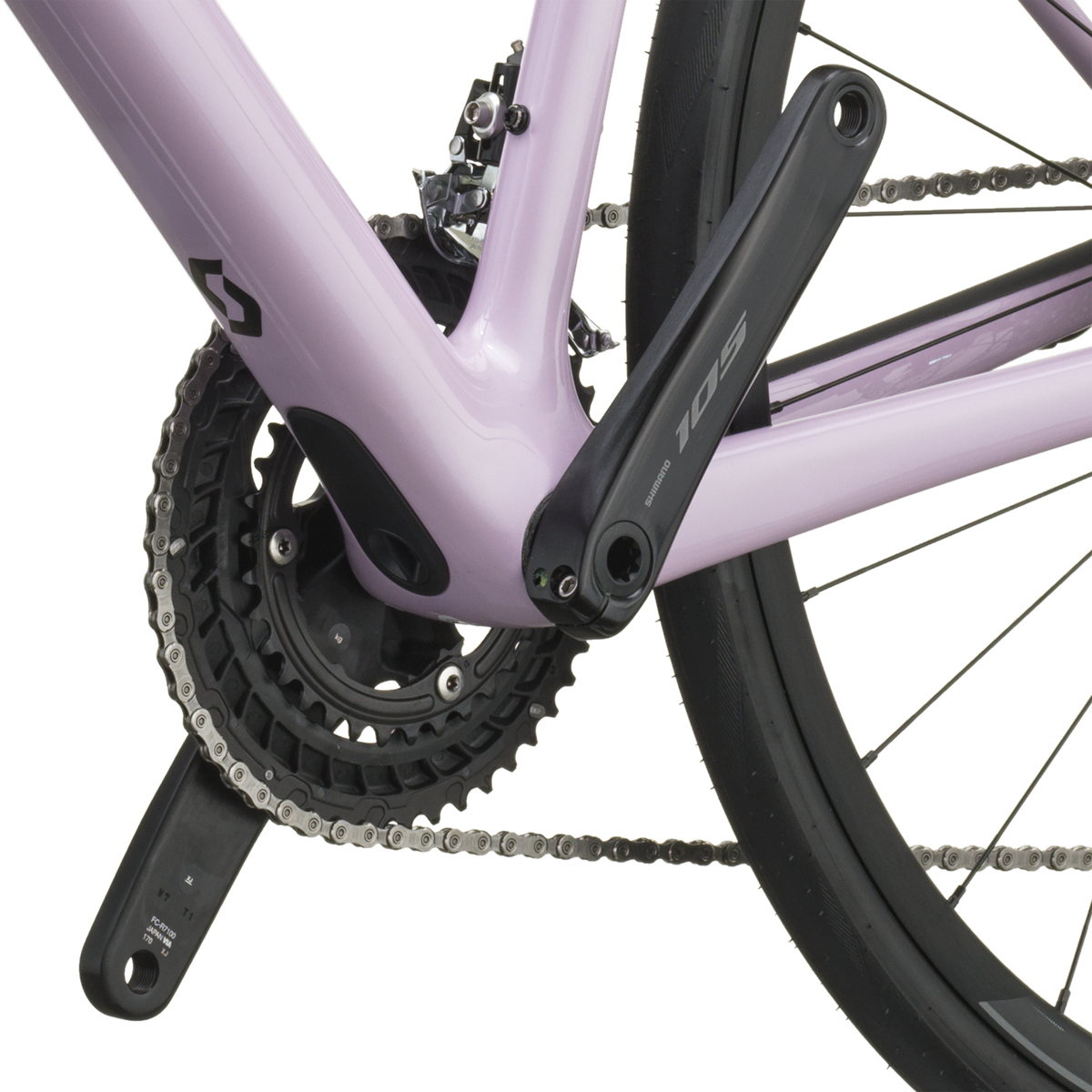 Shimano 105 chainset and bottom bracket on the mallow pink Scott Addict 50.