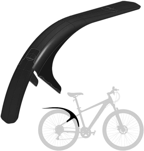 Mudhugger MK2 rear mudguard in black, shown beside an outline of a mountain bike to show where it sits