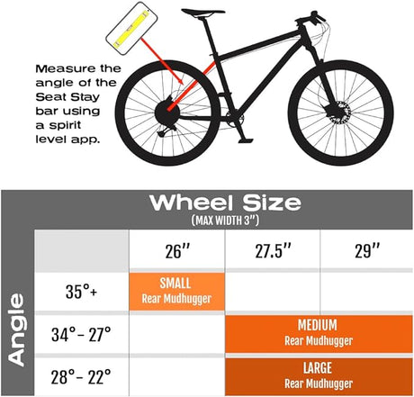 Mudhugger sizing chart showing seat stay angle against wheel size, with Small for 35 degrees and above, Medium for 34 to 27 degrees and Large for 28 to 22 degrees