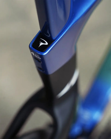 Close-up of a sleek blue and black road bike frame, featuring an aerodynamic design and a logo with a stylized white wing, reminiscent of the Pinarello Dogma F Disc Ult 12 Di2 Campagnolo Shamal Road Bike.