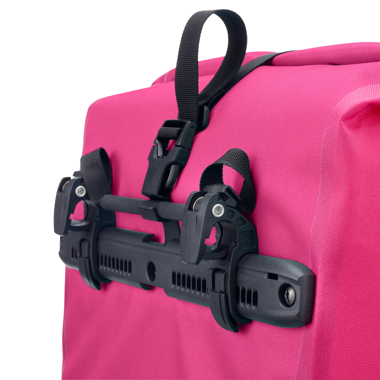 Cyber pink waterproof pannier bag with black adjustable mounting hooks and straps, 20L capacity.