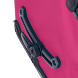 Close-up of the black mounting bracket and attachment knob on a cyber pink Ortlieb Back-Roller pannier bag.