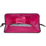 Open bright pink waterproof pannier bag showing spacious main compartment with mesh pocket inside.