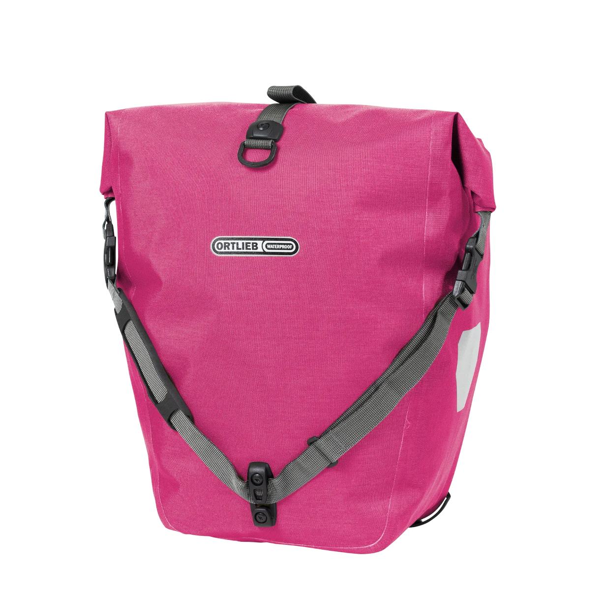 Cyber pink waterproof pannier bag with roll-top closure and black adjustable straps.