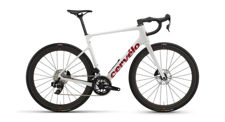 White bicycle with red 'Cervelo' branding on a white background