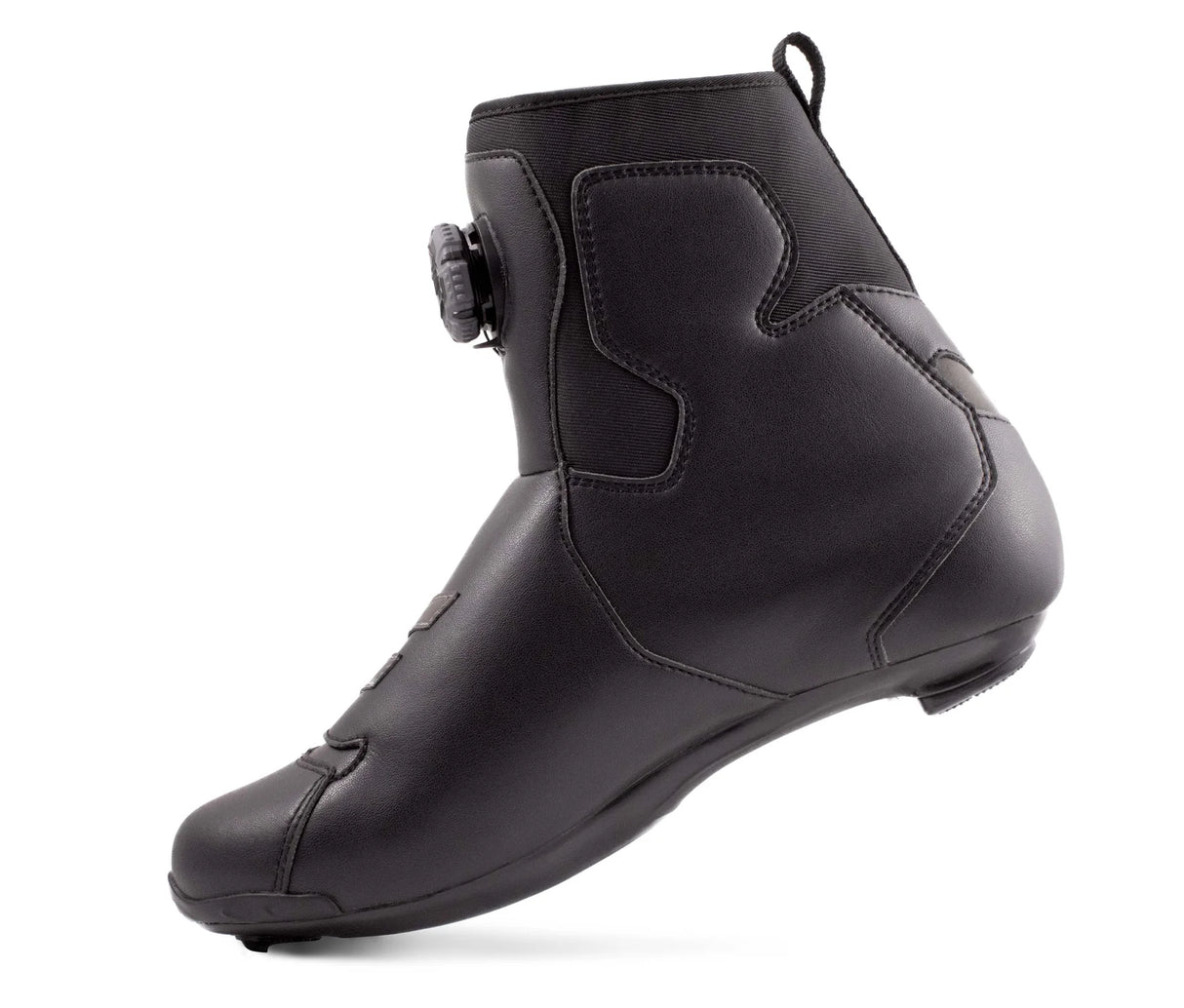 Rear-side angle of Lake CX146 Winter Road Shoe highlighting the seamless heel and ankle coverage for winter cycling comfort.