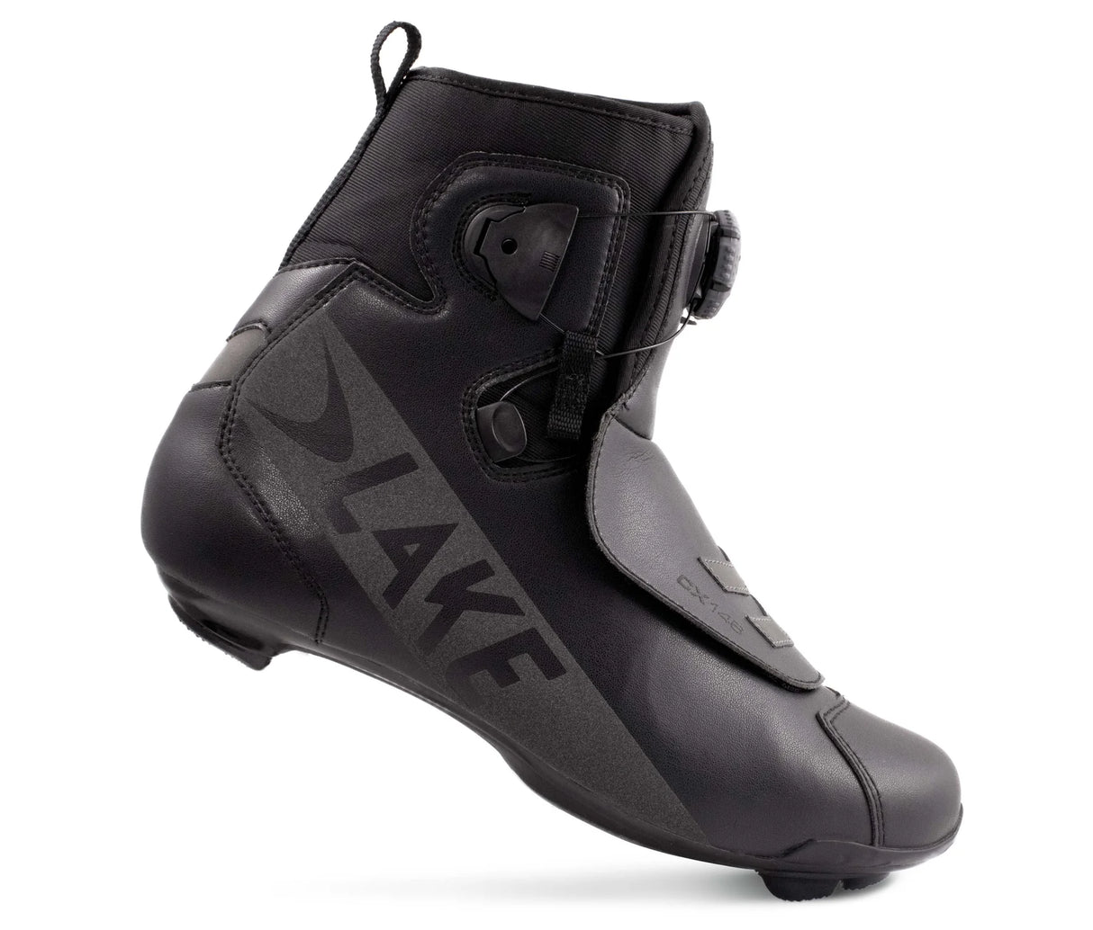 Side view of Lake CX146 Winter Road Shoe showing aerodynamic design and insulated protection for chilly road rides.