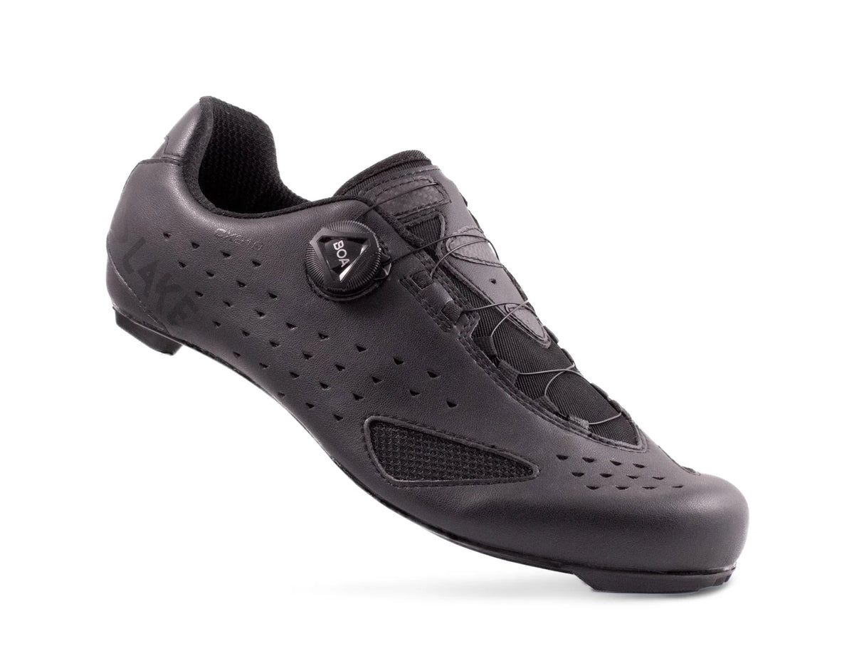 Lake CX219 Road Shoe in black with BOA dial closure, breathable perforated upper and aerodynamic design for high-performance cycling.