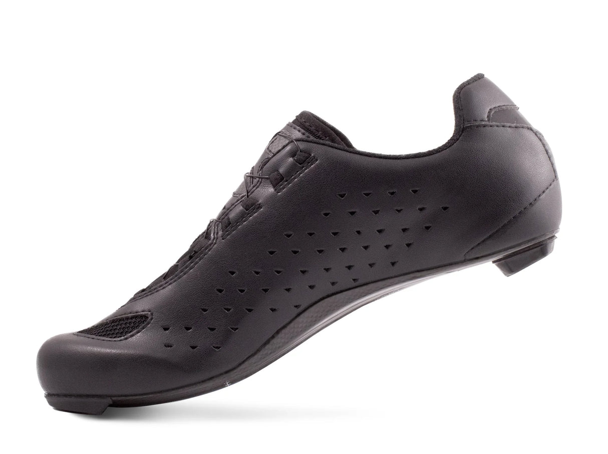 Rear side view of Lake CX219 Road Shoe in black, highlighting perforated synthetic upper and ergonomic heel support.