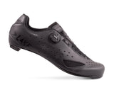 Side view of Lake CX219 Road Shoe in black, showing sleek profile, mesh ventilation, and lightweight construction for road cycling.