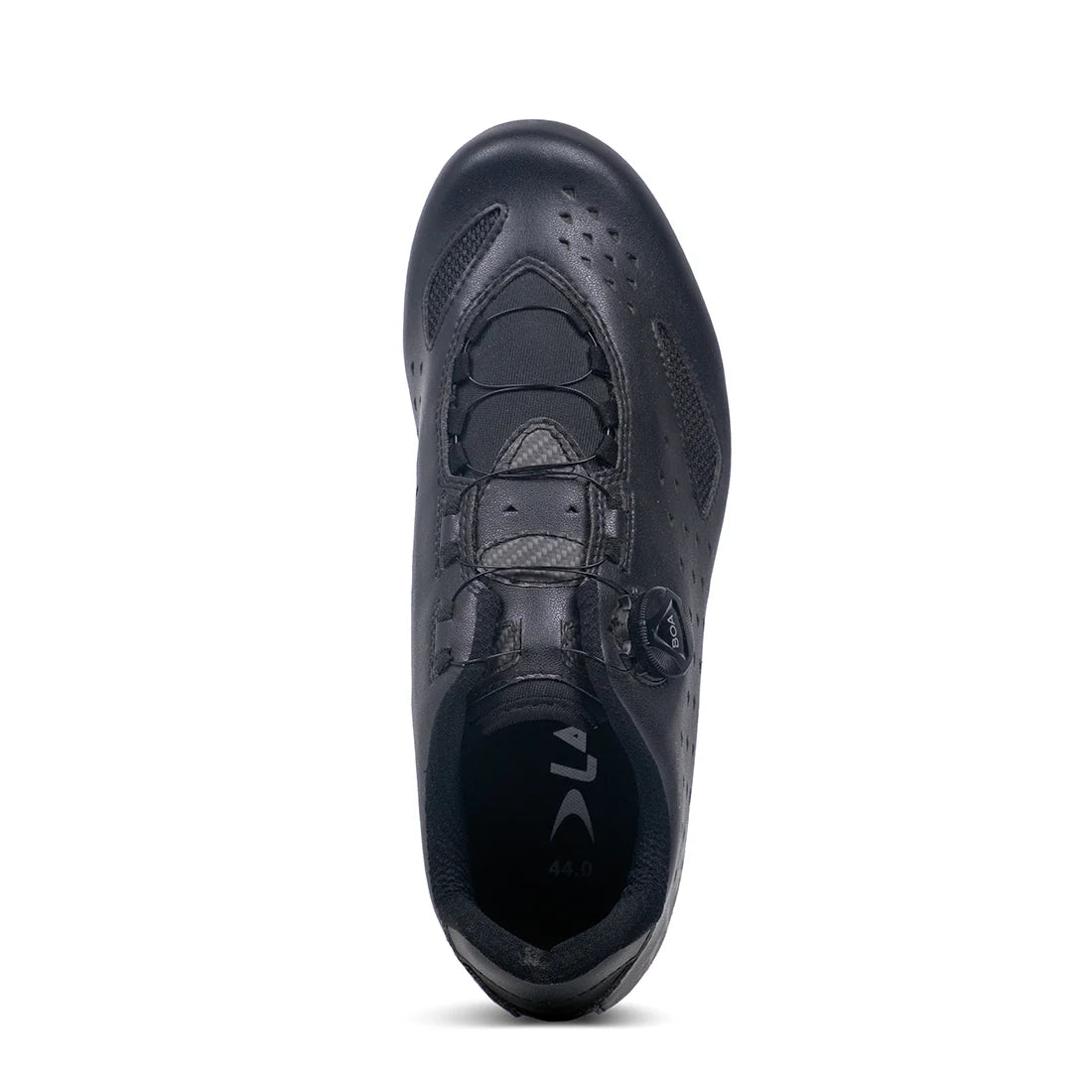 Top view of Lake CX219 Road Shoe in black, featuring BOA Fit System and contoured shape for secure and comfortable fit.