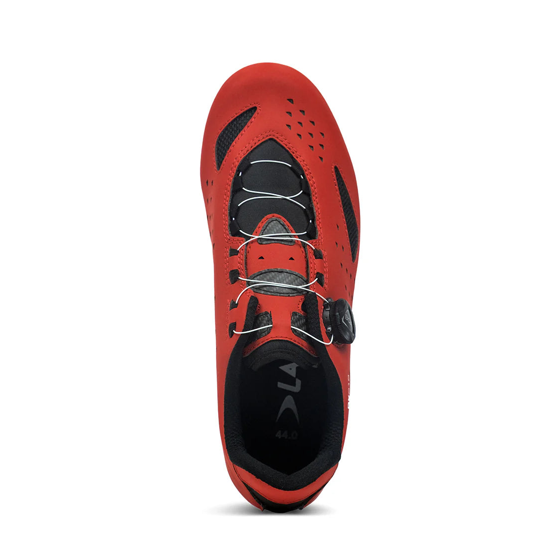 Top-down view of red Lake CX219 Road Shoe with black mesh and BOA dial, engineered for precision fit and ventilation.