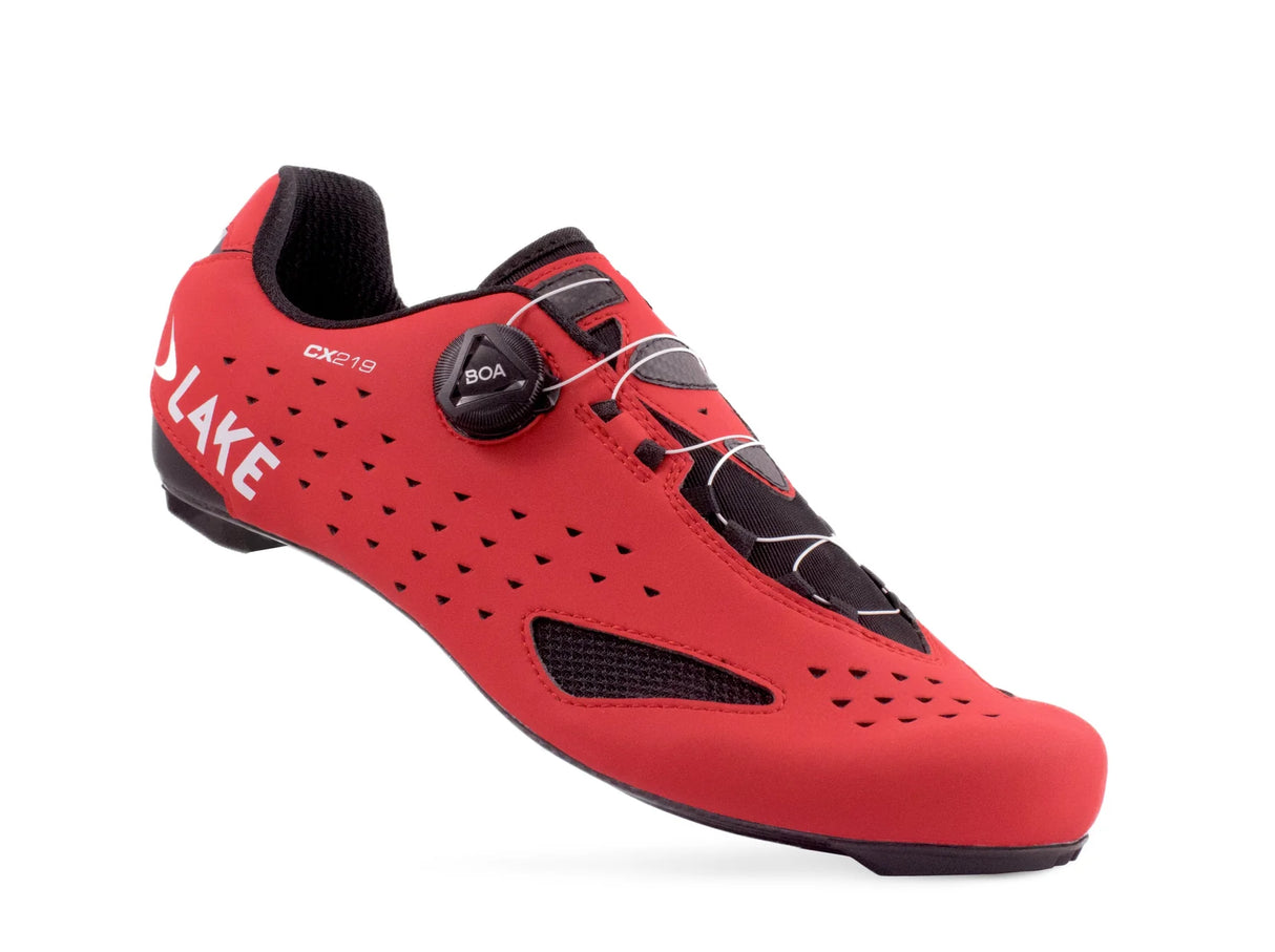 Lake CX219 Road Shoe in red with black accents, featuring BOA dial and breathable mesh for race-ready cycling performance.