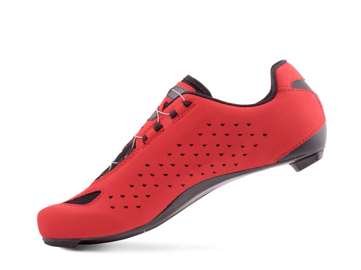Rear side view of red Lake CX219 Road Shoe, showcasing aerodynamic design and lightweight construction for competitive cyclists.