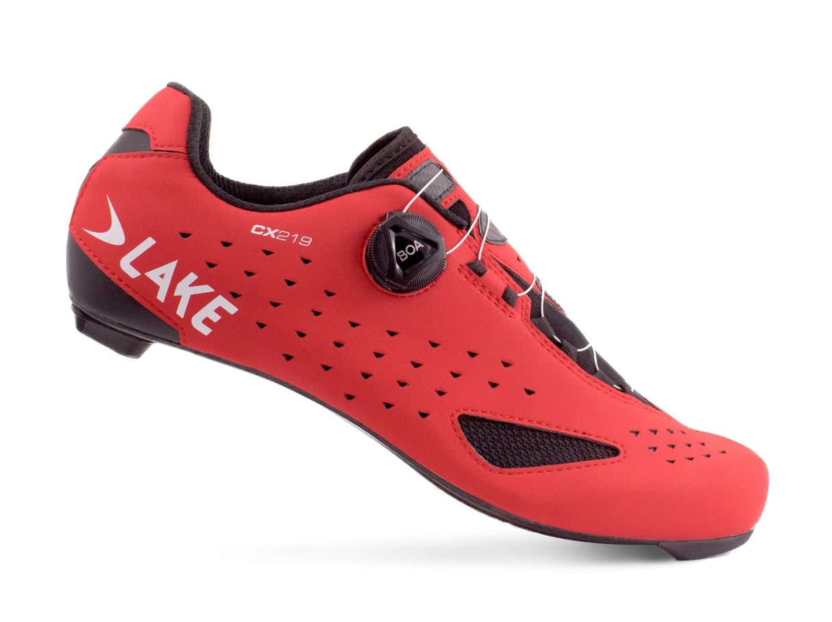Side profile of red Lake CX219 Road Shoe with perforated upper and BOA Fit System, built for speed and comfort on the road.