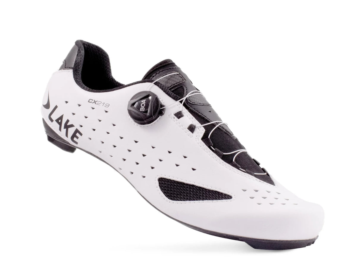 Lake CX219 Road Shoe in white with black detailing, featuring BOA closure and breathable panels for high-performance cycling.
