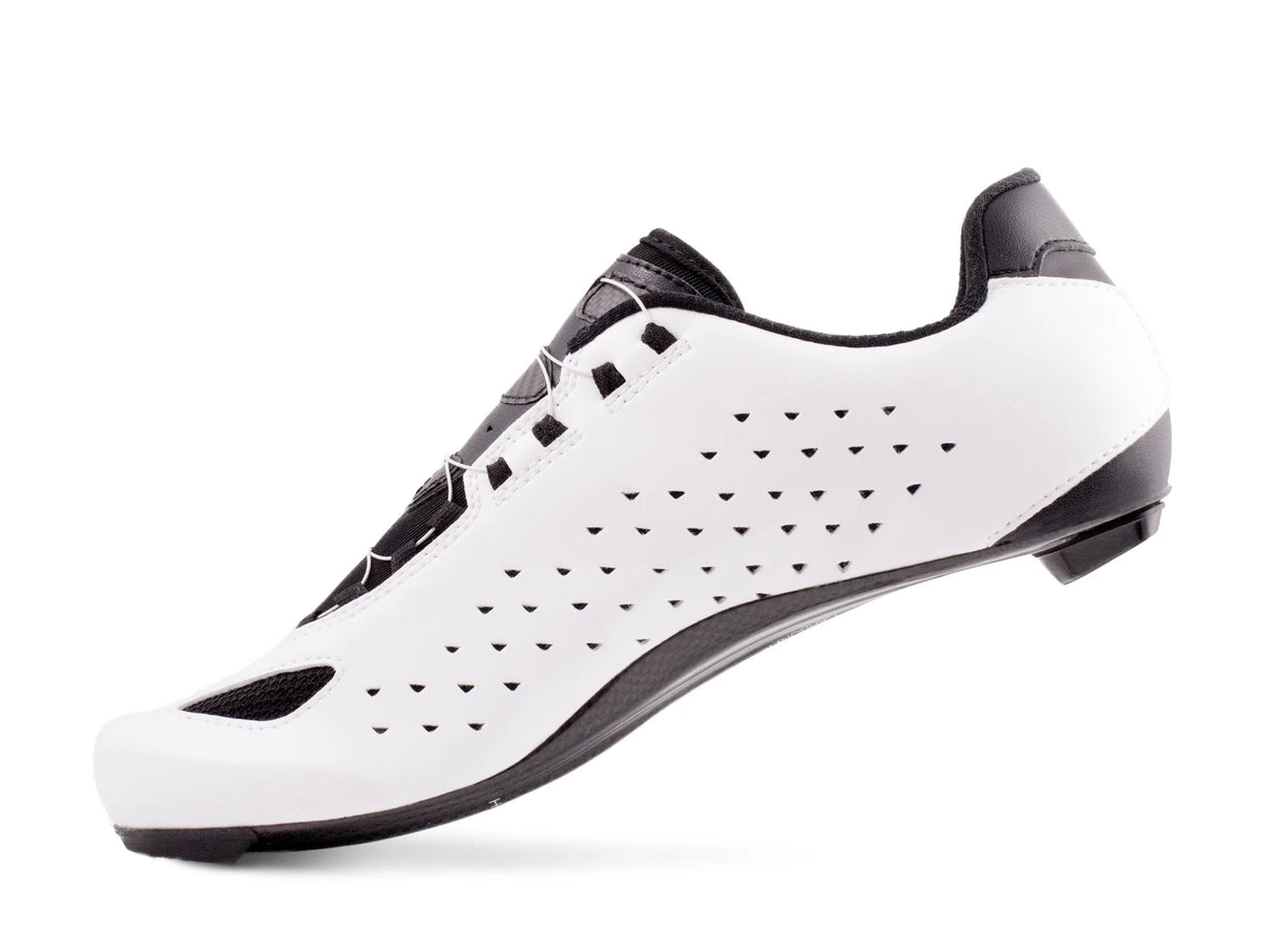 Rear side view of white Lake CX219 Road Shoe, showing aerodynamic shape and ventilated design for endurance rides.