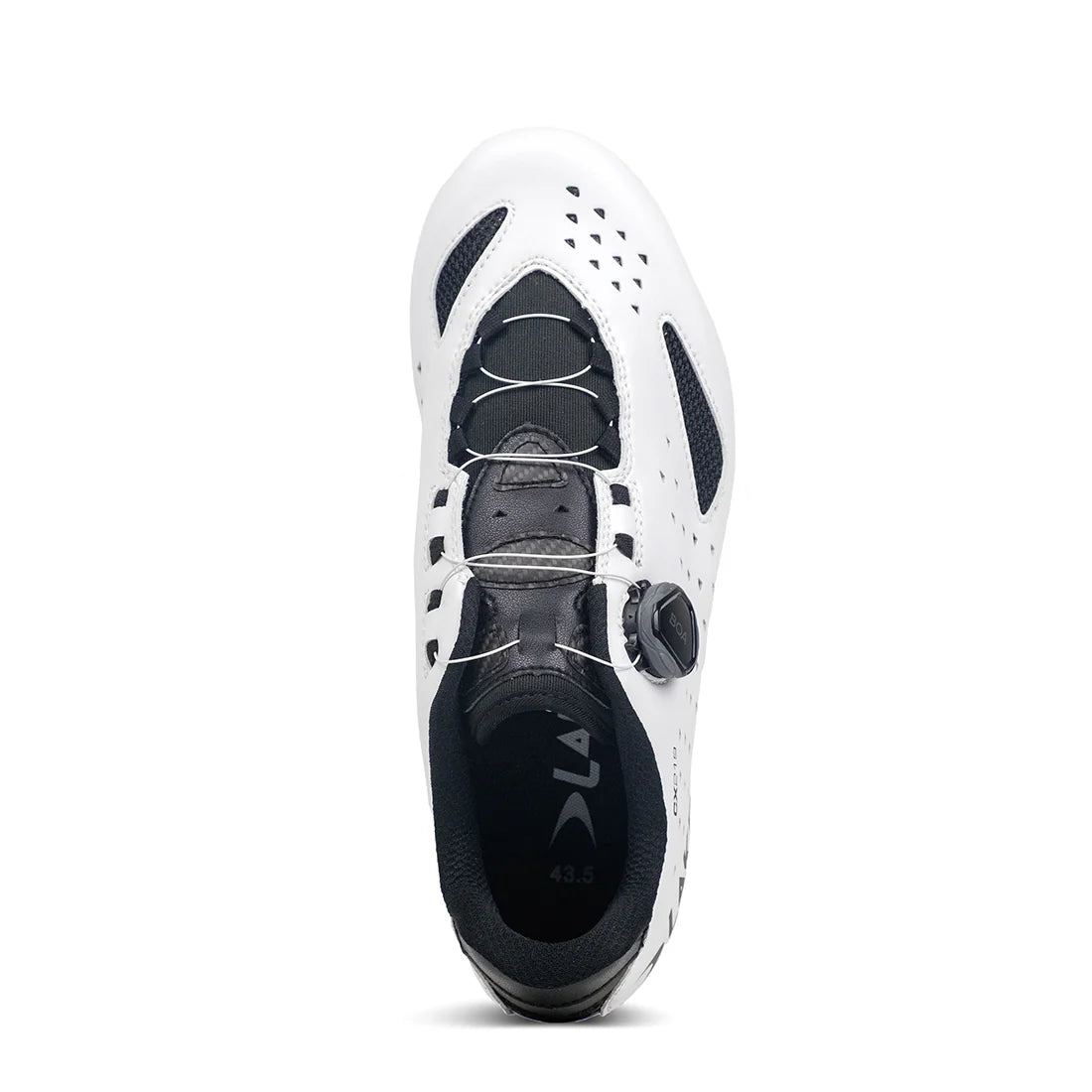 Top view of white Lake CX219 Road Shoe with black accents and BOA Fit System, offering a snug and adjustable fit for cyclists.