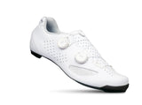 White cycling shoe with black sole on a white background