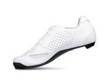 White cycling shoe with black sole on a white background