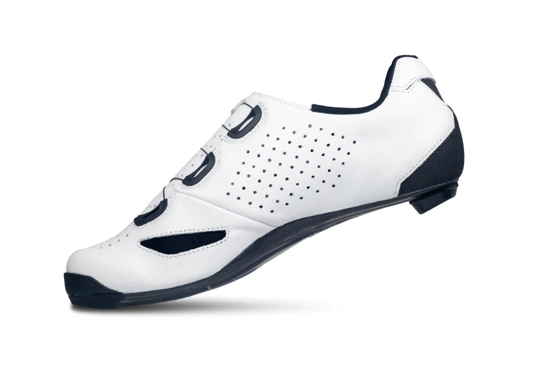 White cycling shoe with black accents on a white background