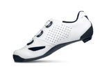 White cycling shoe with black accents on a white background