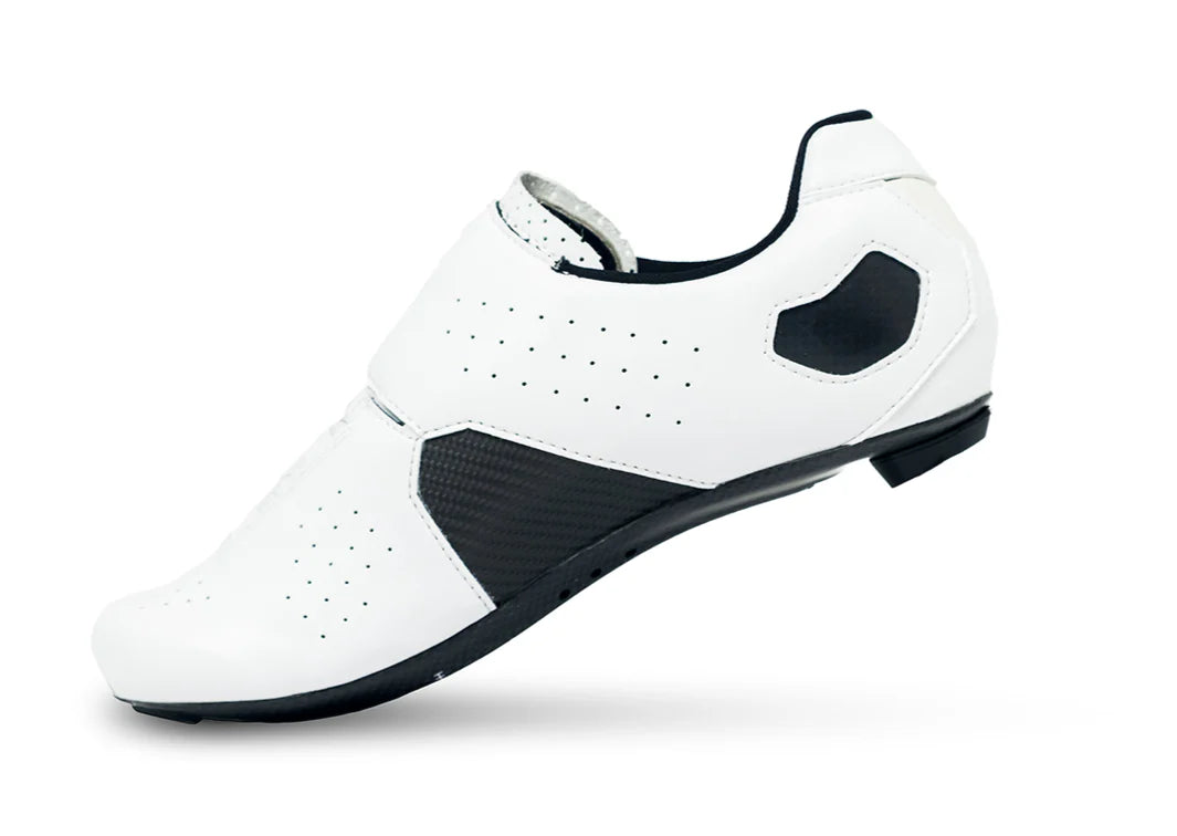White cycling shoe with black accents on a white background