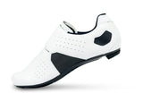 White cycling shoe with black accents on a white background