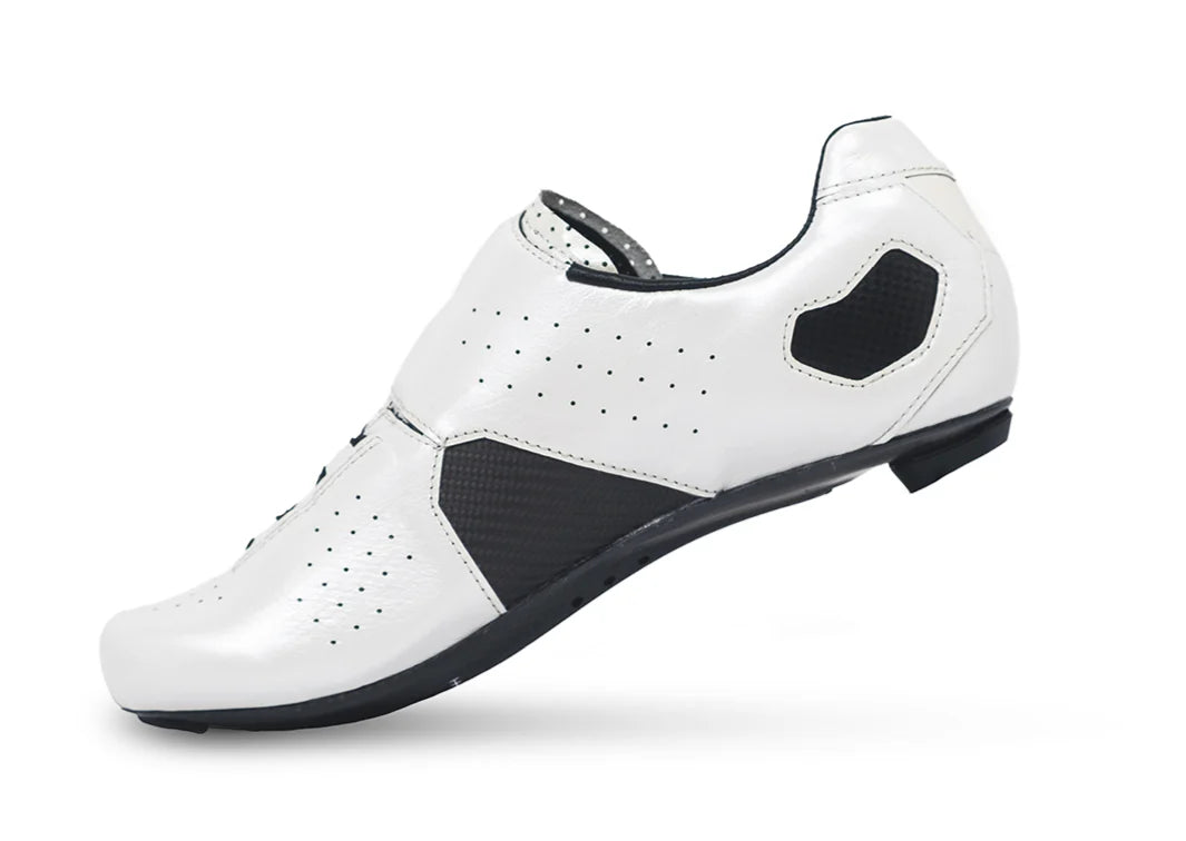 White cycling shoe with black accents on a white background
