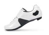 White cycling shoe with black accents on a white background