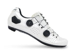 White cycling shoe with black accents on a white background