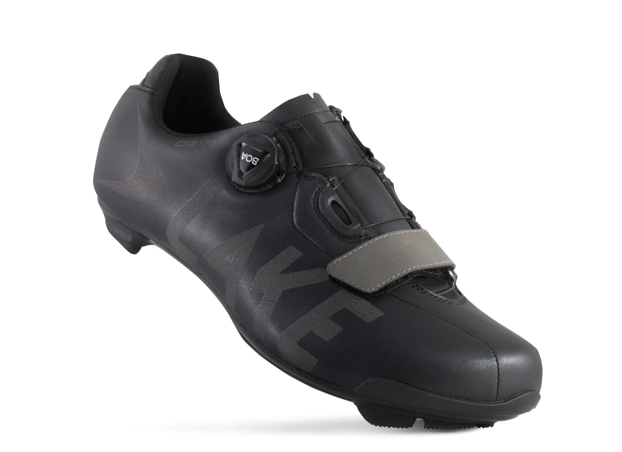 Lake CXZ176 Winter Road Shoe in black with BOA dial and Velcro strap, designed for cold-weather cycling performance and comfort.