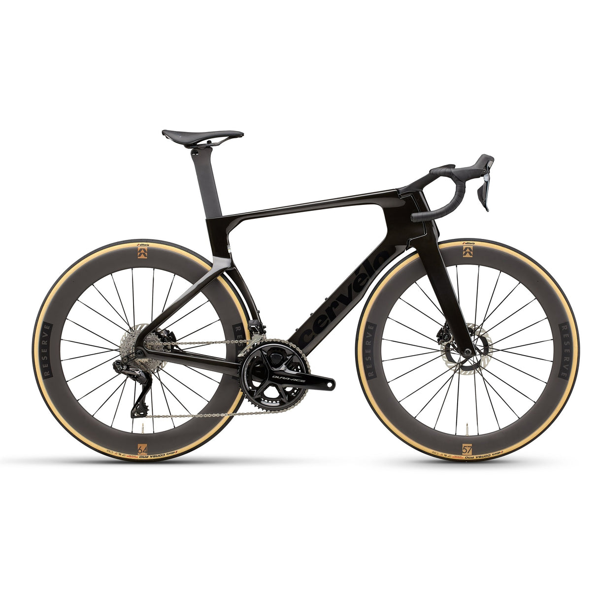 Cervélo S5 Dura-Ace Di2 Road Bike in black with deep-section Reserve wheels and aerodynamic carbon frame, ideal for high-speed cycling performance.