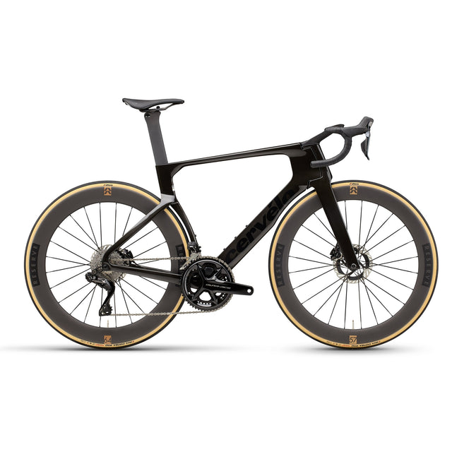 Cervélo S5 Dura-Ace Di2 Road Bike in black with deep-section Reserve wheels and aerodynamic carbon frame, ideal for high-speed cycling performance.
