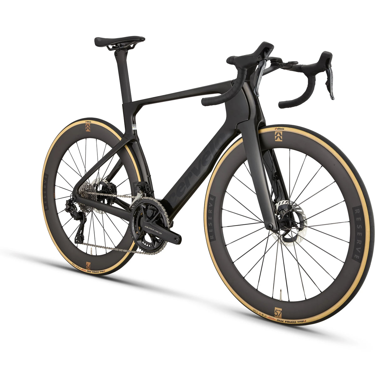 Angled rear view of black Cervélo S5 Dura-Ace Di2 Road Bike showcasing its integrated cockpit and aerodynamic tube shaping for racing efficiency.