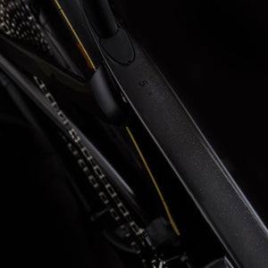 Top tube view of black Cervélo S5 Dura-Ace Di2 Road Bike showing sleek carbon finish and internal cable routing for aerodynamic efficiency.