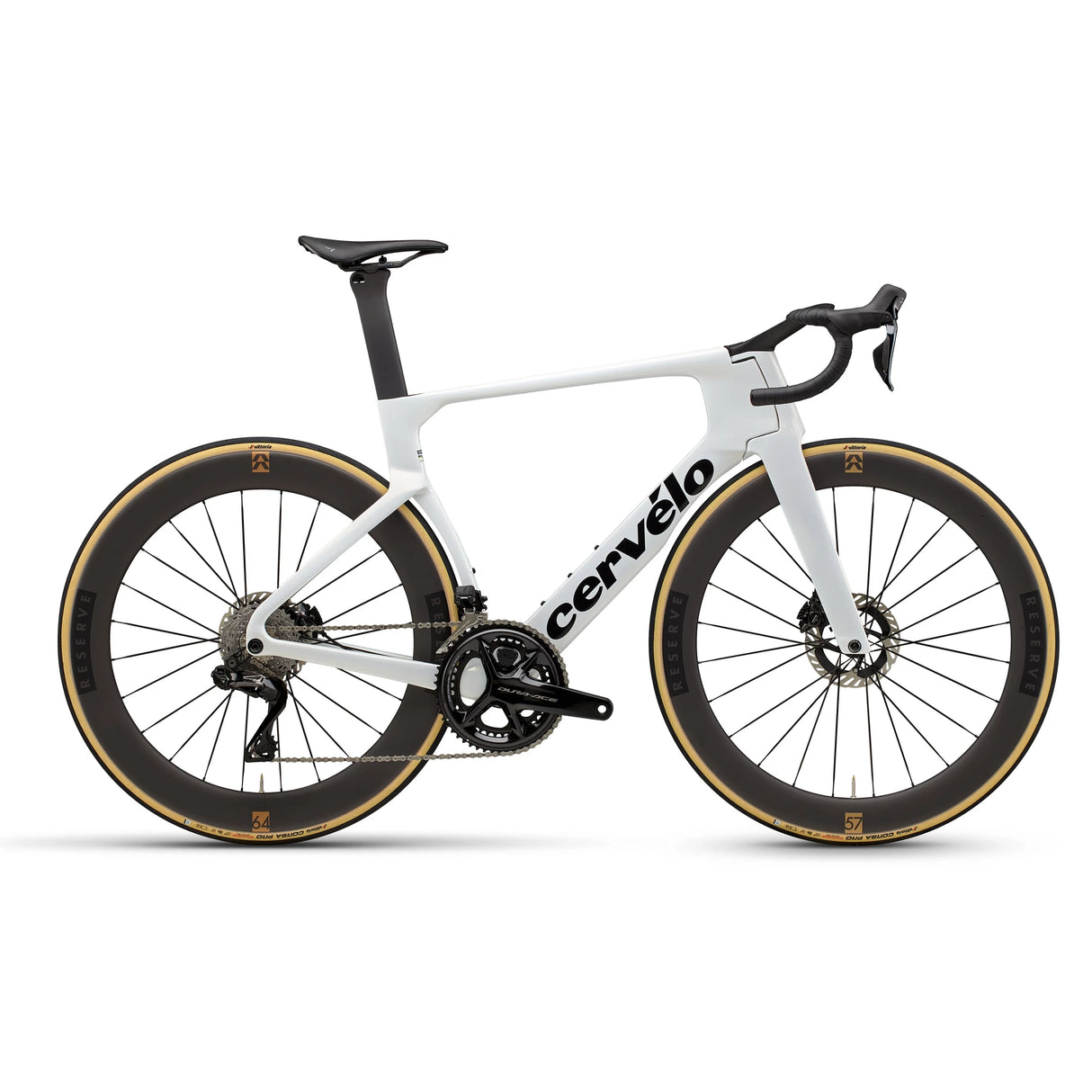 White Cervélo S5 Dura-Ace Di2 Road Bike with carbon aero frame and deep-section wheels, designed for elite road cyclists seeking speed and precision.