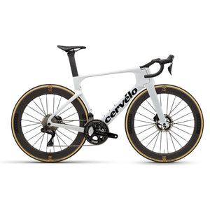 White Cervélo S5 Dura-Ace Di2 Road Bike with carbon aero frame and deep-section wheels, designed for elite road cyclists seeking speed and precision.