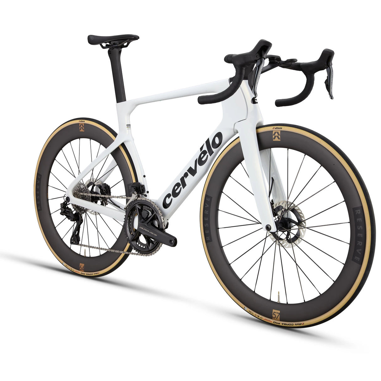 Rear angled view of white Cervélo S5 Dura-Ace Di2 Road Bike highlighting its aerodynamic seat stays and integrated drivetrain for optimal road performance.
