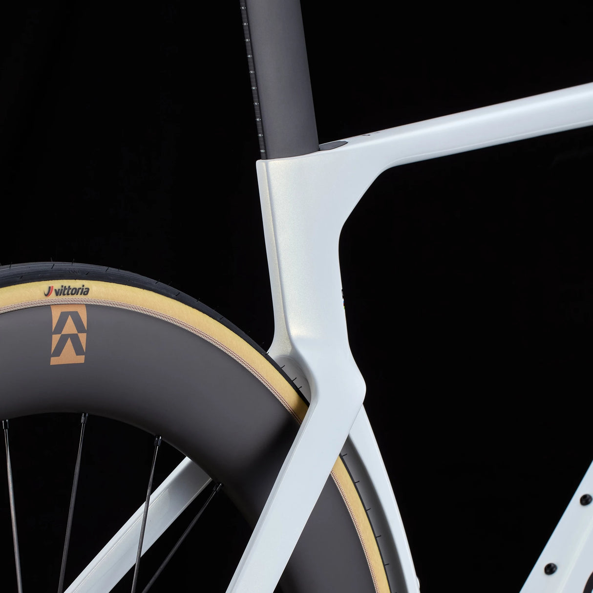 Close-up of white Cervélo S5 Dura-Ace Di2 Road Bike seat stay and rear wheel junction, showcasing aerodynamic frame design and Vittoria tire setup.