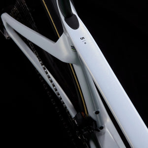 Top tube view of white Cervélo S5 Dura-Ace Di2 Road Bike showing carbon frame finish and internal cable routing for a clean, aerodynamic profile.
