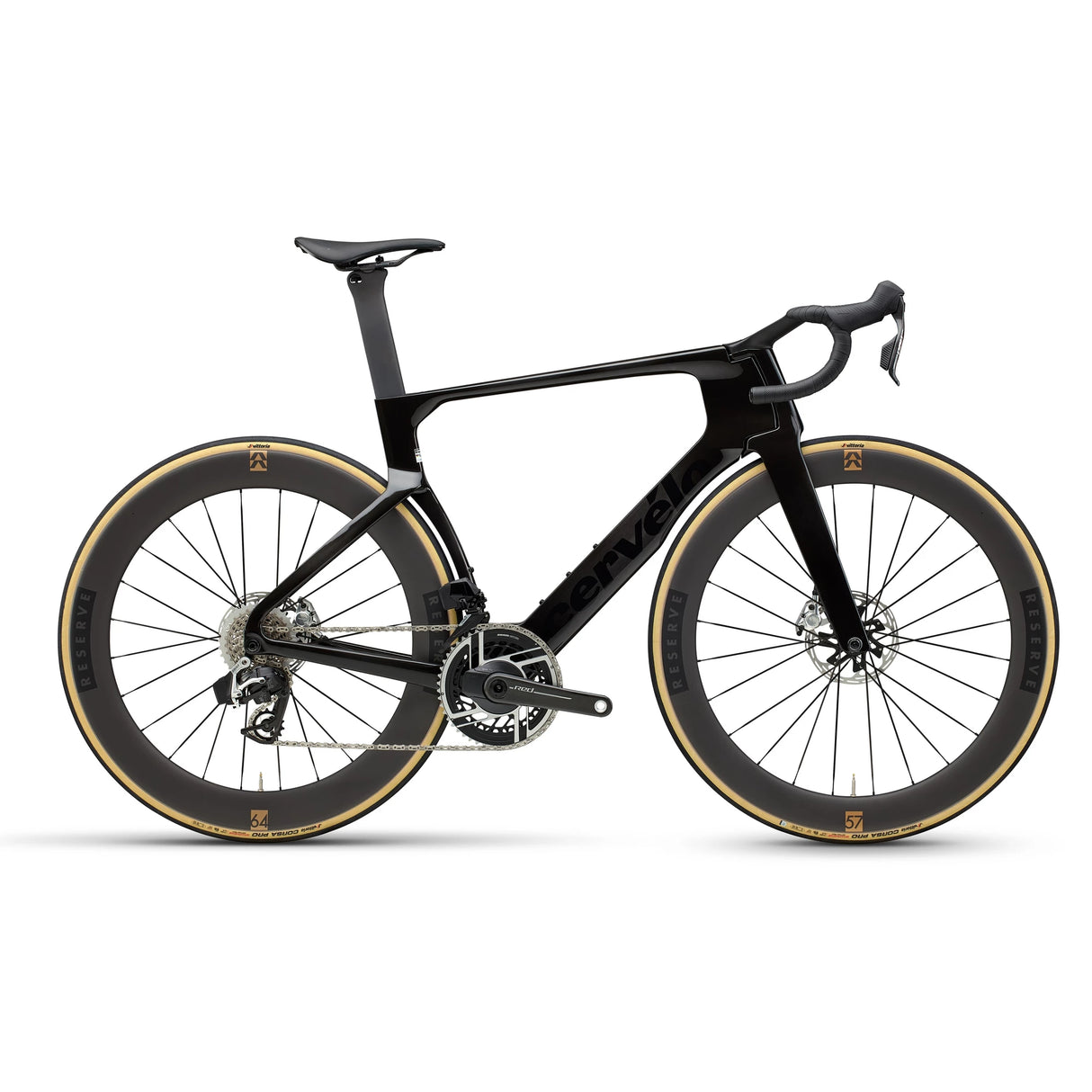 Cervélo S5 Red AXS Road Bike in black with deep-section Reserve wheels, designed for aerodynamic performance and speed in competitive cycling.