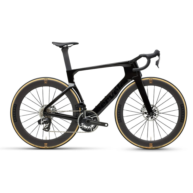 Cervélo S5 Red AXS Road Bike in black with deep-section Reserve wheels, designed for aerodynamic performance and speed in competitive cycling.